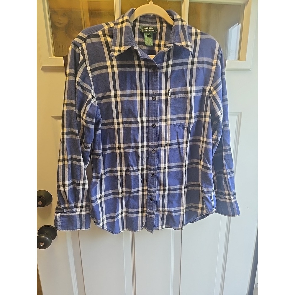 LRL Lauren Ralph Lauren Plaid Flannel Women's Medium Blue White Button Up LS